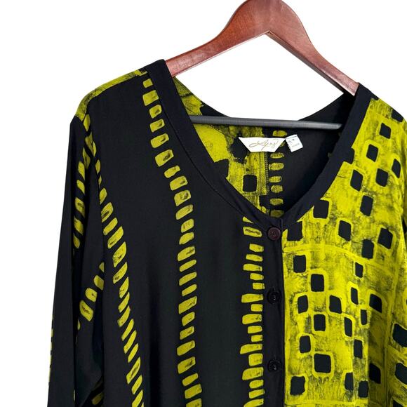 Lynz Sz Medium Green Black Wearable Art Blouse Shirt Top Unique Abstract Artsy - Picture 4 of 8